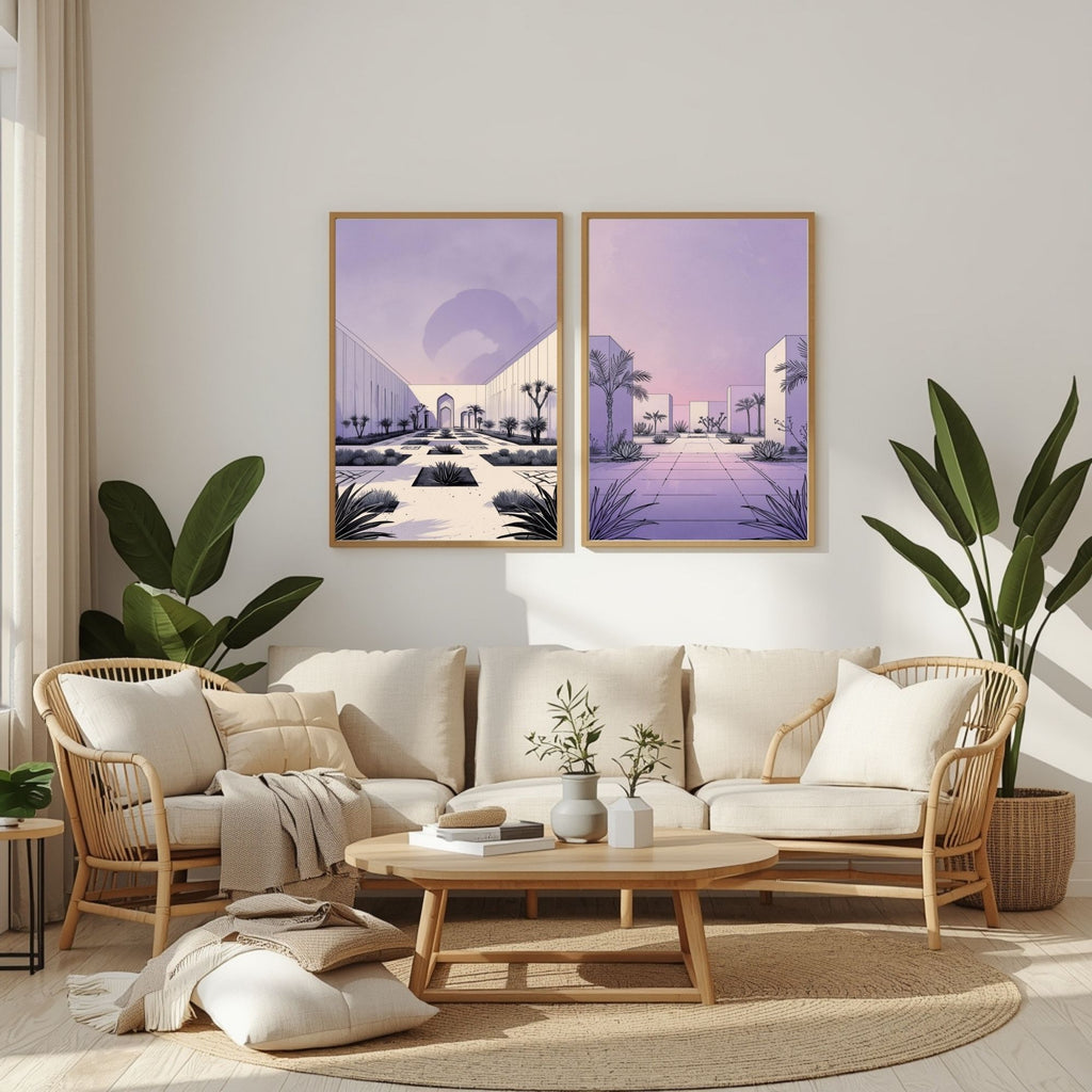 Modern Desert Courtyard Wall Art Set of 2 | Minimalist Architectural Prints | Pastel Lavender Landscape Decor | Contemporary Desert Oasis Artwork | Digital Download