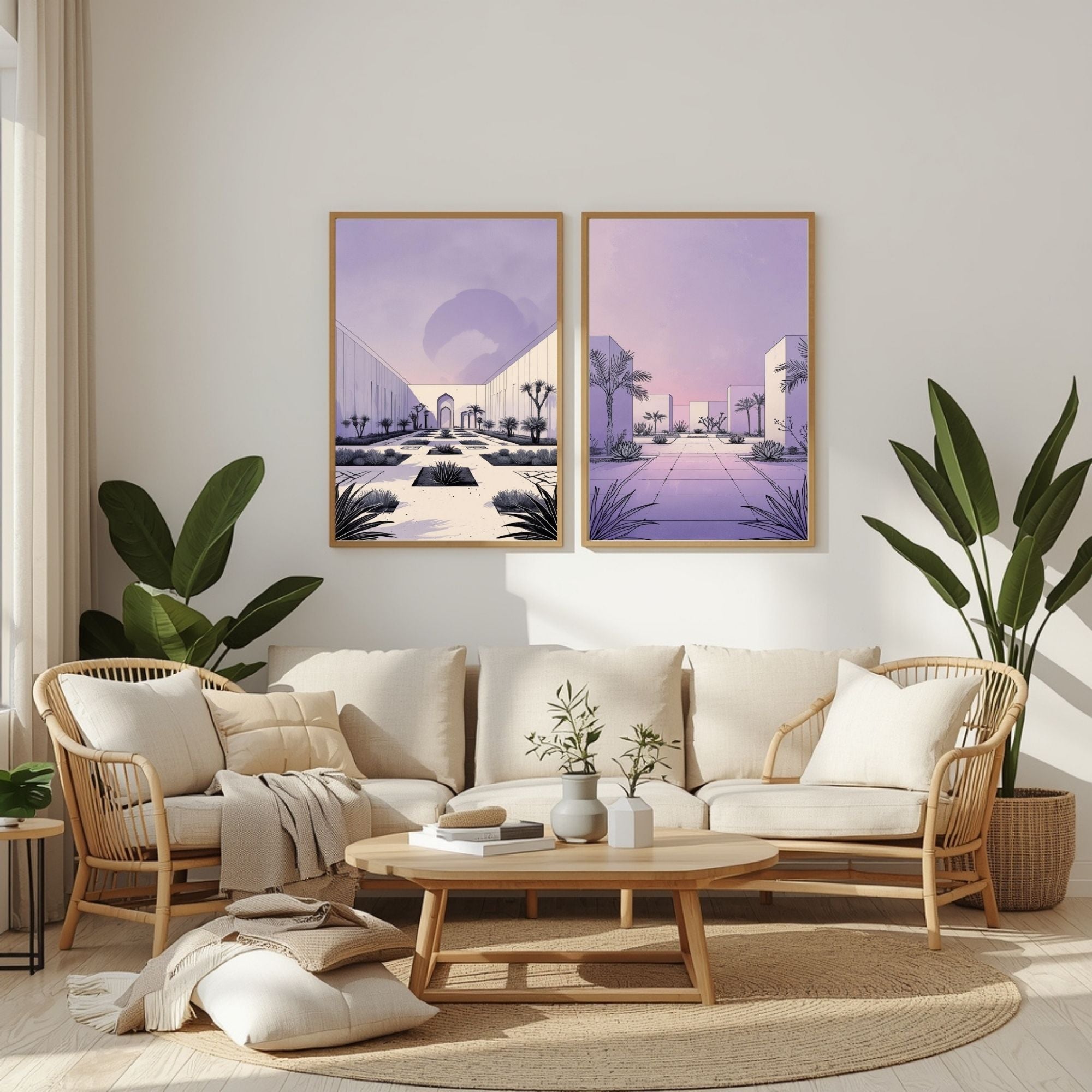 Modern Desert Courtyard Wall Art Set of 2 | Minimalist Architectural Prints | Pastel Lavender Landscape Decor | Contemporary Desert Oasis Artwork | Digital Download