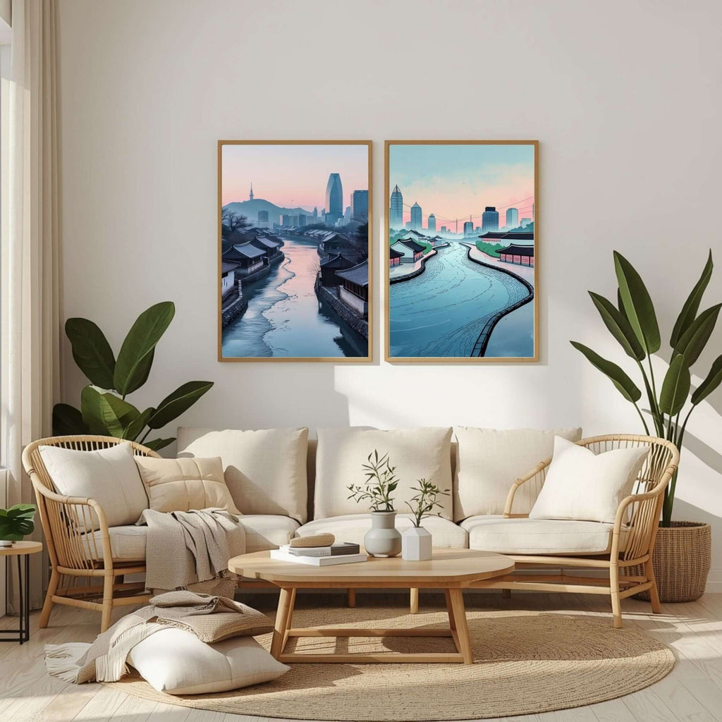 Korean Cityscape Wall Art Set of 2 | Traditional Village & Modern Skyline Prints | Asian Architecture Decor | Seoul Inspired Artwork | Printable Wall Decor