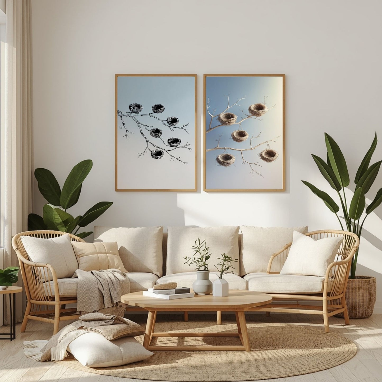 Bird Nest Wall Art Set of 2 Printable, Botanical Branch Prints, Rustic Nature Home Decor, Digital Download