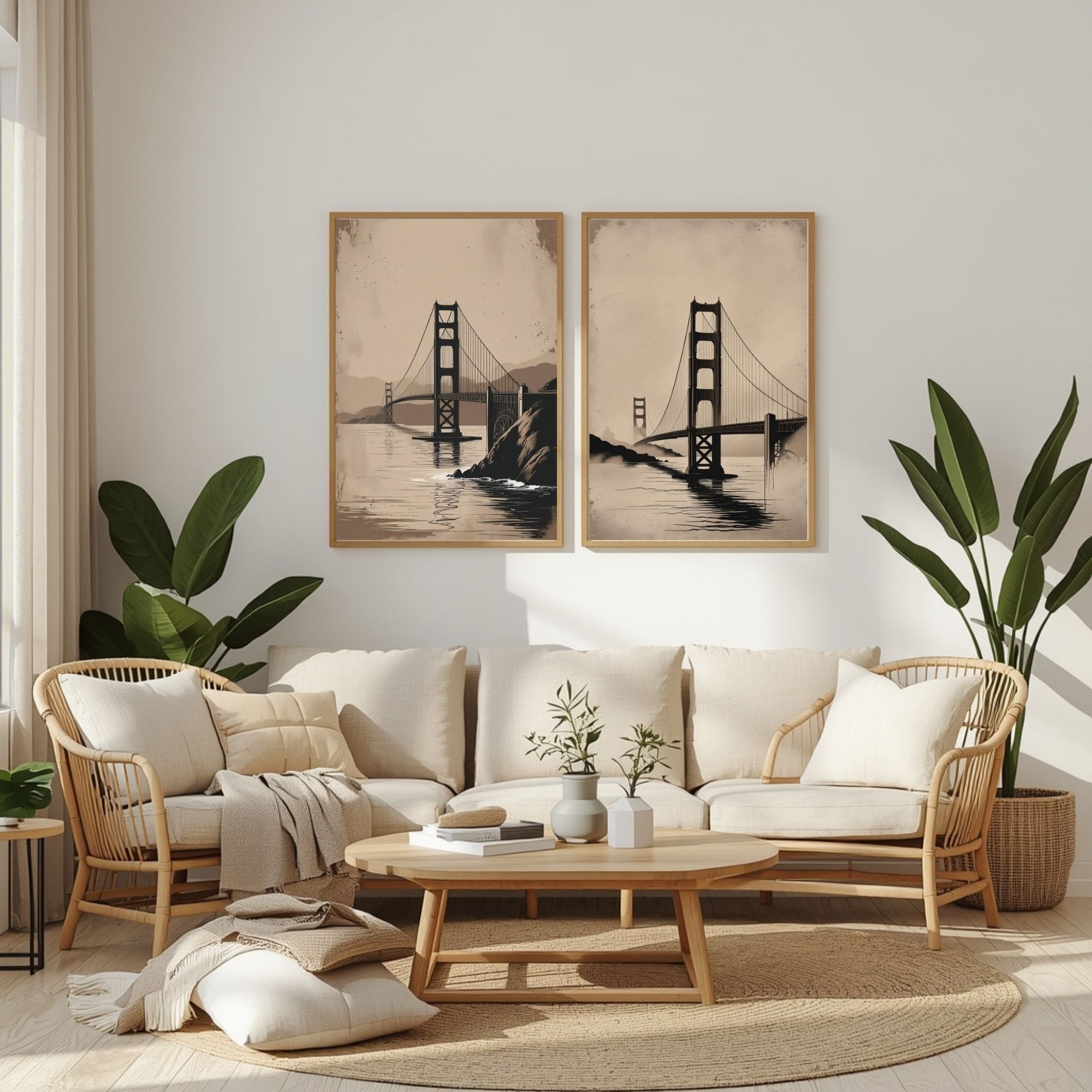 Golden Gate Bridge Wall Art Set of 2 | San Francisco Landmark Prints | Vintage Travel Poster Decor | Minimalist Coastal Landscape Art | Neutral Beige Wall Decor | Digital Download