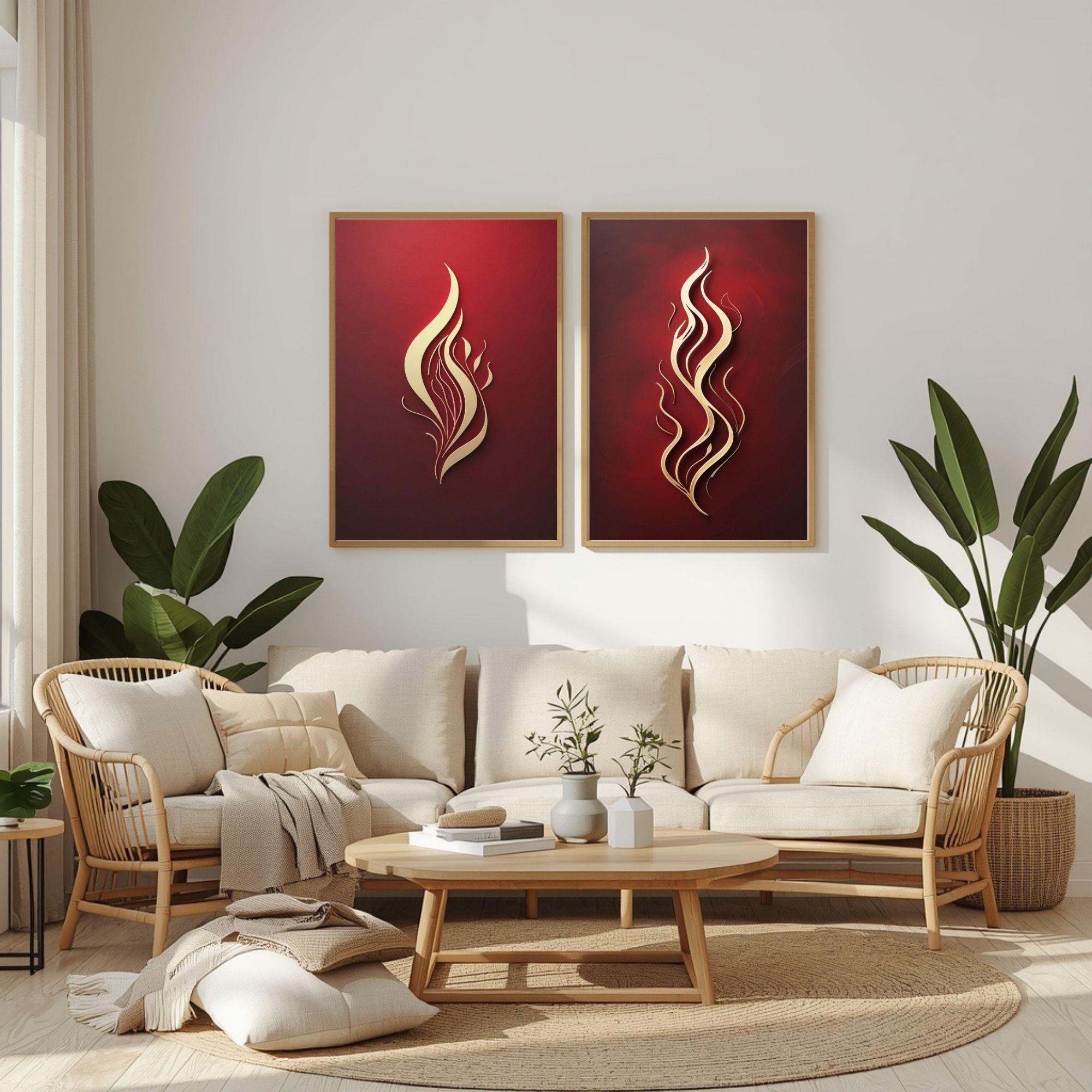 Red & Gold Abstract Flame Wall Art Set of 2 | Modern Fire Artwork | Luxury Red Minimalist Prints | Contemporary Abstract Decor | Burgundy Gold Wall Art | Digital Download