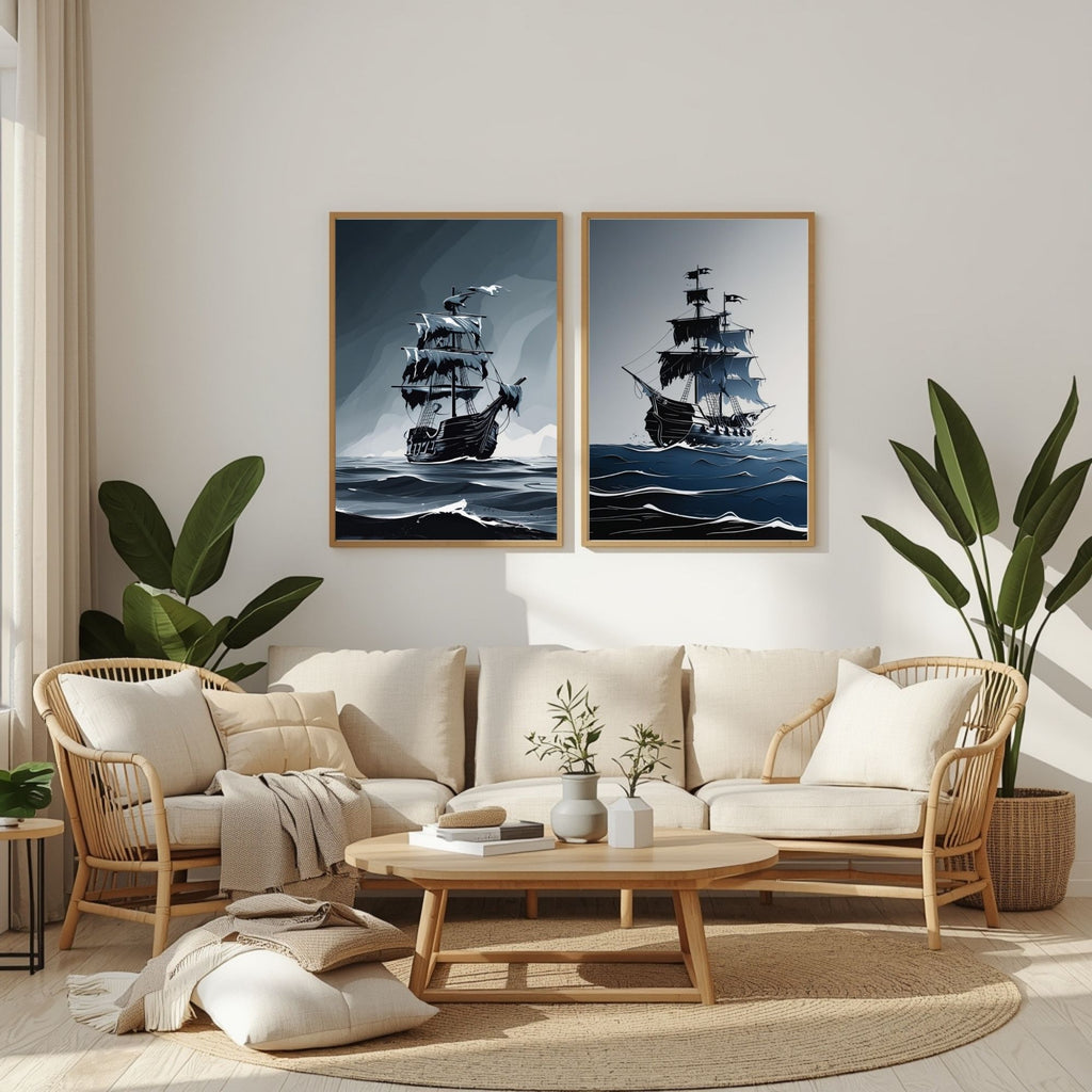 Pirate Ship Wall Art Set of 2 Vintage Nautical Prints