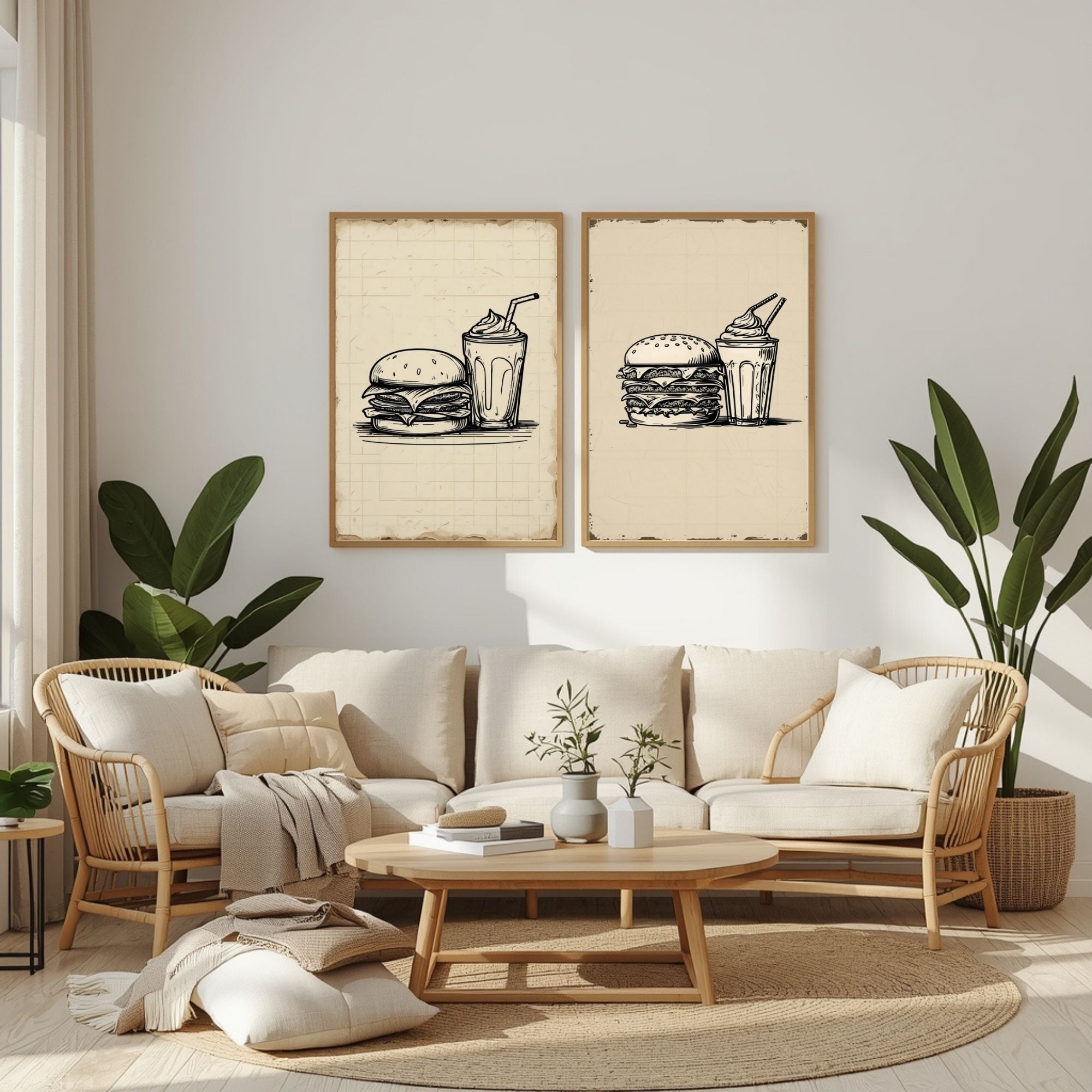 Burger & Milkshake Wall Art Set of 2 | Retro Fast Food Kitchen Prints | Vintage Restaurant Decor | Minimalist Food Poster Set | Printable Dining Room Artwork